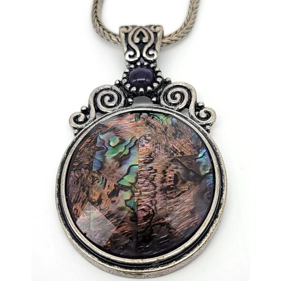 Kenneth Cole Abalone Shell Necklace Earrings Set Silver Tone Metal Swirl Ornate - Picture 4 of 17